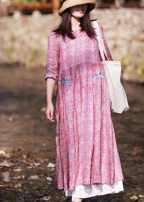 Women O-Neck Wrinkled Summer Tutorials Pink Print Dress