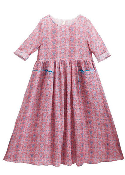 Women O-Neck Wrinkled Summer Tutorials Pink Print Dress