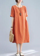 Load image into Gallery viewer, Women Orange O Neck Wrinkled Patchwork Cotton Dress Summer