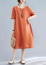 Load image into Gallery viewer, Women Orange O Neck Wrinkled Patchwork Cotton Dress Summer