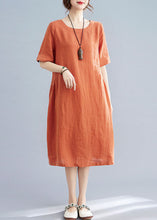 Load image into Gallery viewer, Women Orange O Neck Wrinkled Patchwork Cotton Dress Summer