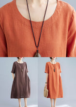 Load image into Gallery viewer, Women Orange O Neck Wrinkled Patchwork Cotton Dress Summer