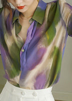 Women Peter Pan Collar Print Button Silk Shirt Long Sleeve