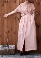 Women Peter pan Collar tie waist Plus Size outfit pink Knee coats