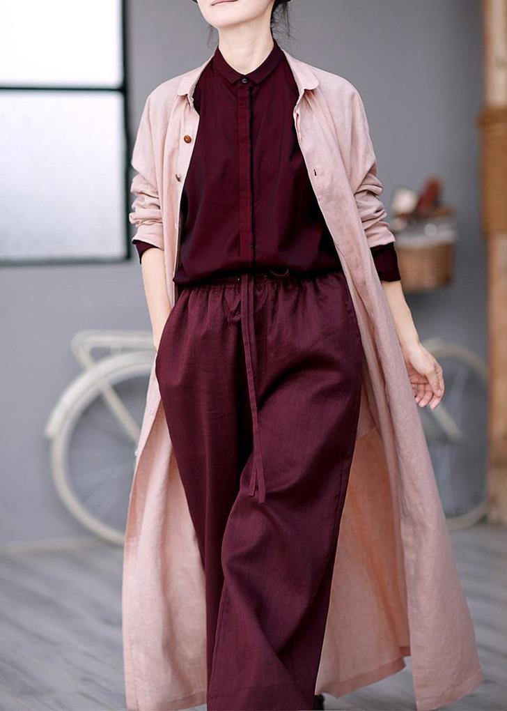 Women Peter pan Collar tie waist Plus Size outfit pink Knee coats