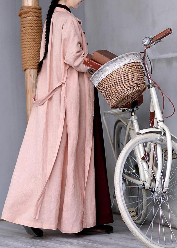 Women Peter pan Collar tie waist Plus Size outfit pink Knee coats