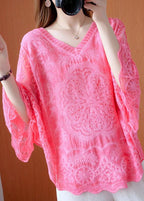Women Pink Asymmetrical Design Summer Lace Top