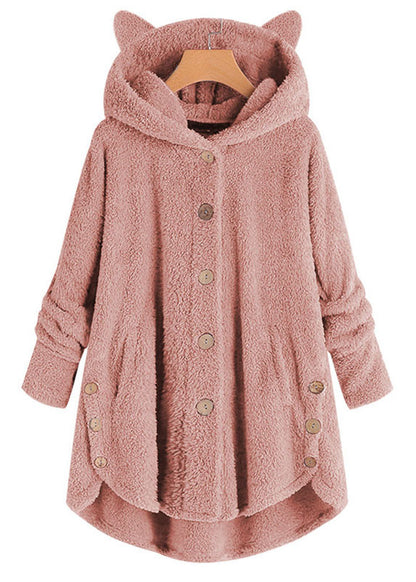 Women Pink Hooded Button Patchwork Teddy Faux Fur Coat Fall