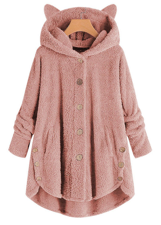 Women Pink Hooded Button Patchwork Teddy Faux Fur Coat Fall