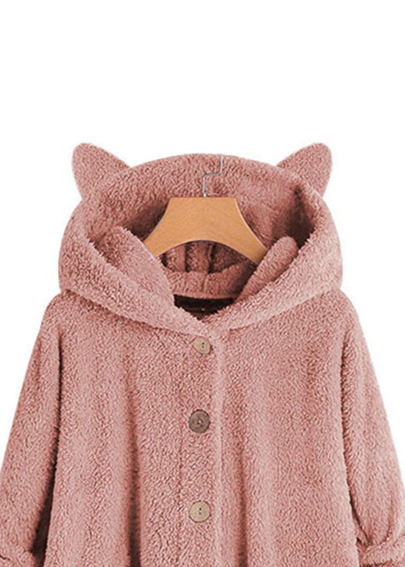 Women Pink Hooded Button Patchwork Teddy Faux Fur Coat Fall