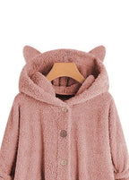 Women Pink Hooded Button Patchwork Teddy Faux Fur Coat Fall