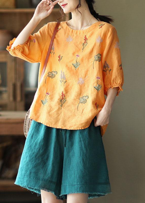 Women Pink O-Neck Embroideried Summer Ramie Blouses Half Sleeve