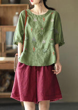 Load image into Gallery viewer, Women Pink O-Neck Embroideried Summer Ramie Blouses Half Sleeve