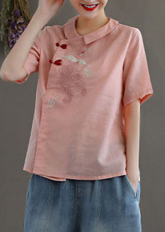 Women Pink Peter Pan Collar Embroideried Linen Blouse Tops Spring