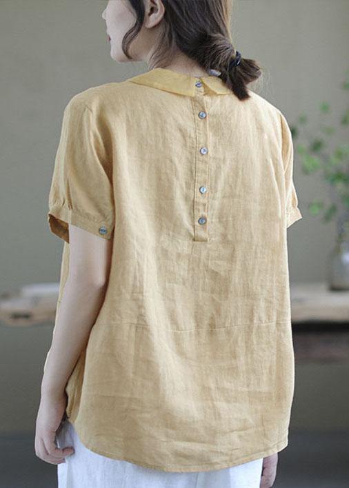 Women Pink Peter Pan Collar Patchwork Summer Ramie Shirts Short Sleeve