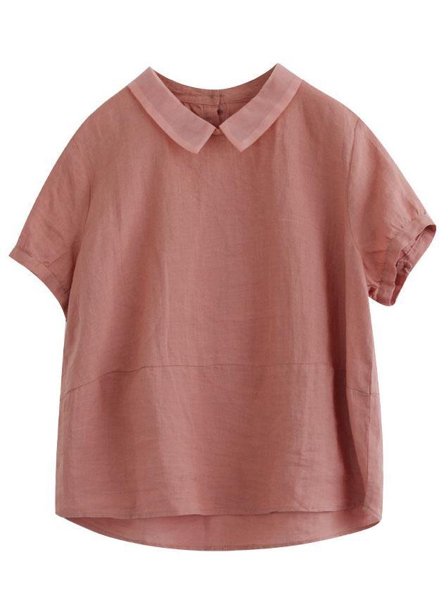 Women Pink Peter Pan Collar Patchwork Summer Ramie Shirts Short Sleeve