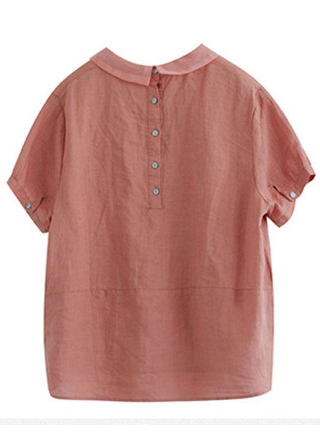 Women Pink Peter Pan Collar Patchwork Summer Ramie Shirts Short Sleeve