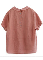 Women Pink Peter Pan Collar Patchwork Summer Ramie Shirts Short Sleeve