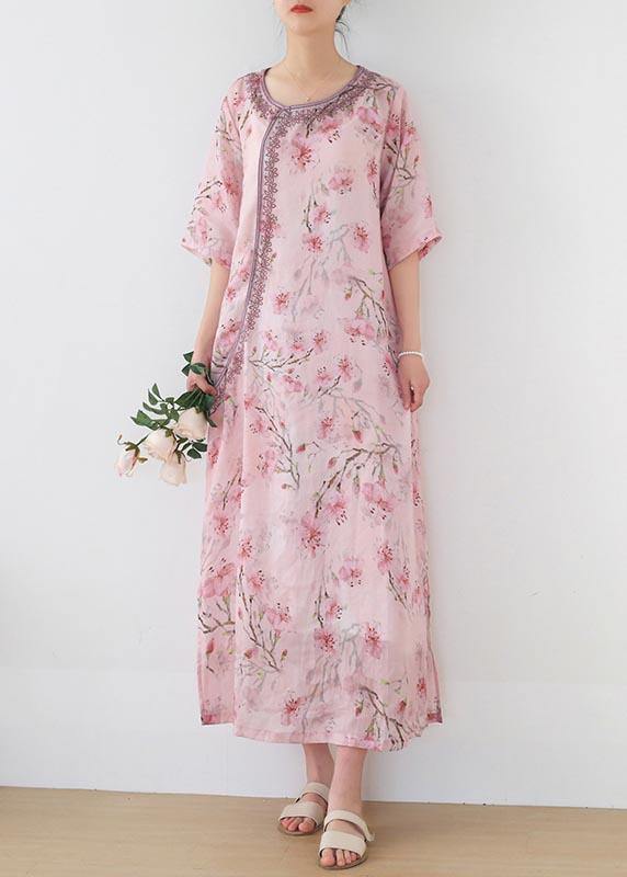Women Pink Print Embroidery Oriental Summer Linen Dress