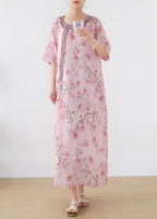 Women Pink Print Embroidery Oriental Summer Linen Dress