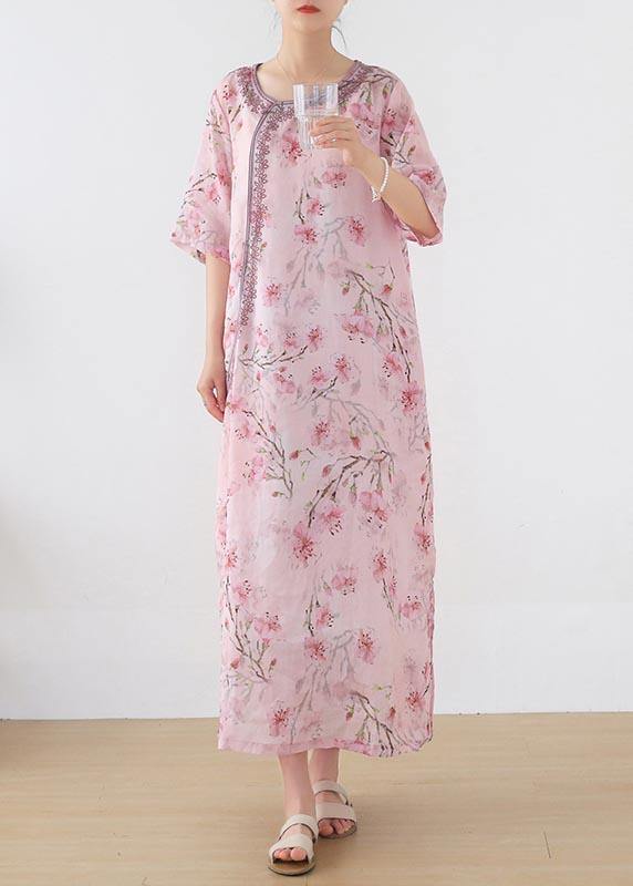 Women Pink Print Embroidery Oriental Summer Linen Dress