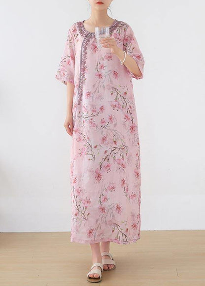 Women Pink Print Embroidery Oriental Summer Linen Dress