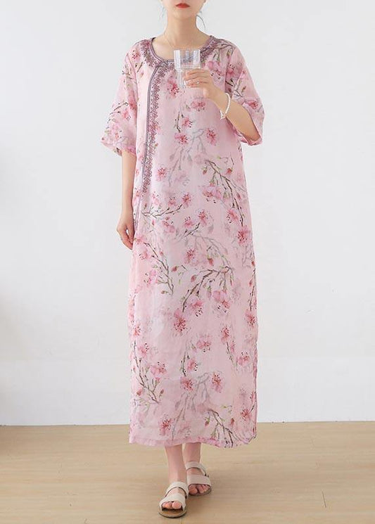 Women Pink Print Embroidery Oriental Summer Linen Dress
