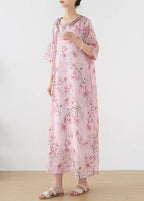 Women Pink Print Embroidery Oriental Summer Linen Dress