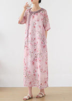 Women Pink Print Embroidery Oriental Summer Linen Dress