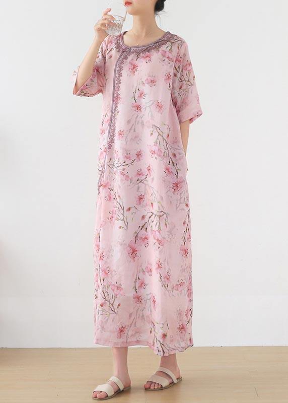 Women Pink Print Embroidery Oriental Summer Linen Dress