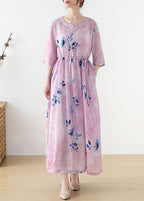 Women Pink Print Tie Waist Maxi Dresses Summer Ramie