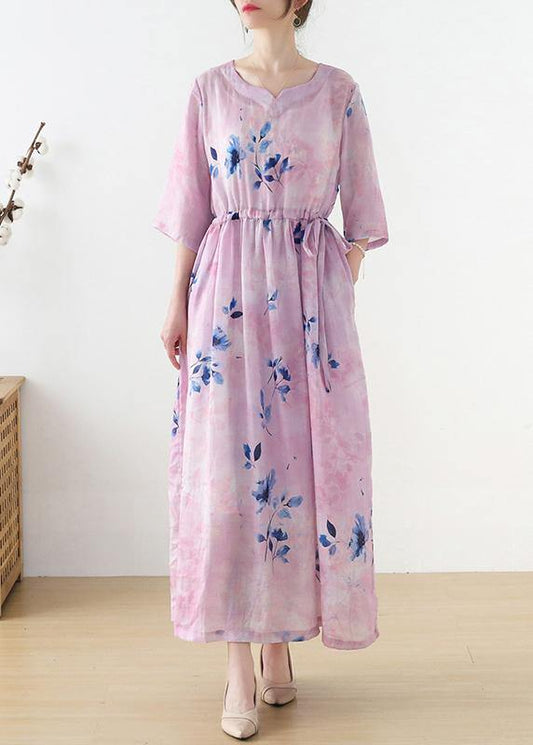 Women Pink Print Tie Waist Maxi Dresses Summer Ramie