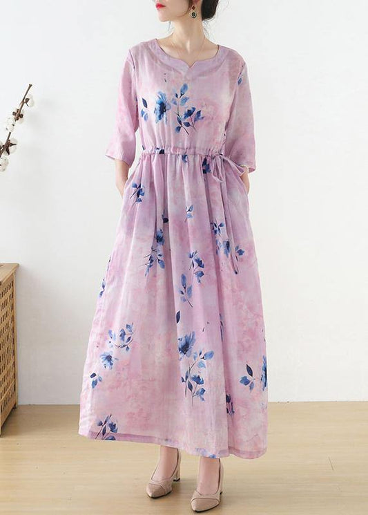 Women Pink Print Tie Waist Maxi Dresses Summer Ramie