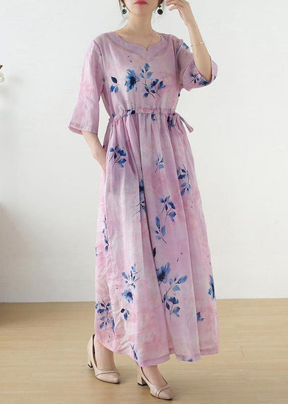 Women Pink Print Tie Waist Maxi Dresses Summer Ramie
