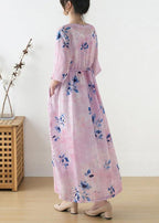 Women Pink Print Tie Waist Maxi Dresses Summer Ramie