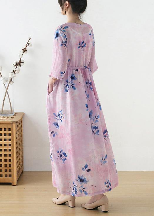 Women Pink Print Tie Waist Maxi Dresses Summer Ramie