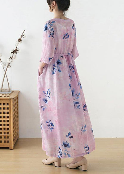 Women Pink Print Tie Waist Maxi Dresses Summer Ramie