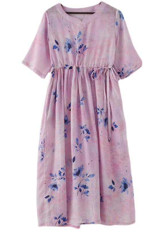 Women Pink Print Tie Waist Maxi Dresses Summer Ramie