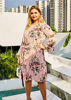 Women Pink Print Tie Waist Patchwork Chiffon Mid Dress Fall