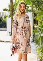 Women Pink Print Tie Waist Patchwork Chiffon Mid Dress Fall