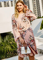 Women Pink Print Tie Waist Patchwork Chiffon Mid Dress Fall