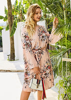 Women Pink Print Tie Waist Patchwork Chiffon Mid Dress Fall