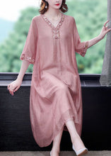 Load image into Gallery viewer, Women Pink V Neck Embroideried Cotton Vacation Dresses Summer