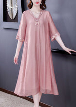 Load image into Gallery viewer, Women Pink V Neck Embroideried Cotton Vacation Dresses Summer