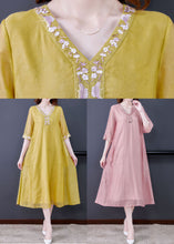 Load image into Gallery viewer, Women Pink V Neck Embroideried Cotton Vacation Dresses Summer