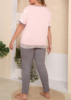 Women Pink V Neck Lace Patchwork Cotton Two Piece Set Outfits Summer