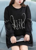 Women Plus Size Black O Neck Nail Bead Patchwork Faux Suede Top Fall