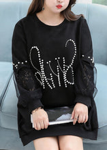 Load image into Gallery viewer, Women Plus Size Black O Neck Nail Bead Patchwork Faux Suede Top Fall