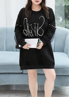 Women Plus Size Black O Neck Nail Bead Patchwork Faux Suede Top Fall