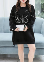 Load image into Gallery viewer, Women Plus Size Black O Neck Nail Bead Patchwork Faux Suede Top Fall